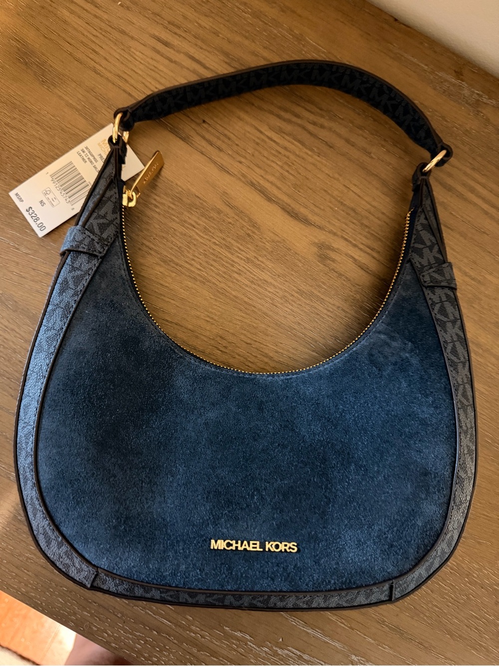 Michael Kors Navy Suede Crescent Shoulder Bag with MK Trim
